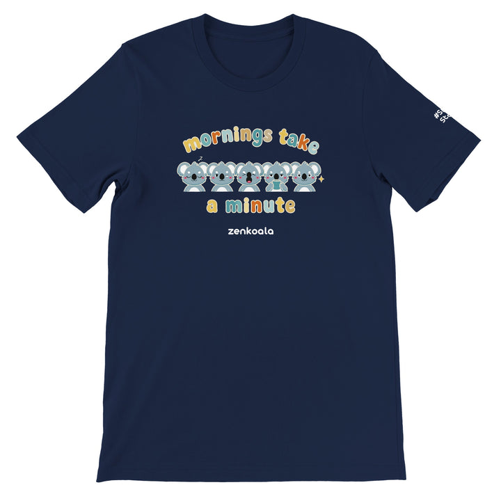Mornings Take a Minute feel-good tee in navy, Zen Koala Australia