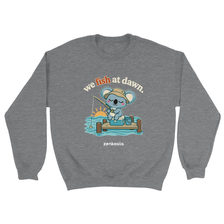We Fish at Dawn feel-good sweatshirt in sport grey: a koala fishing off a jetty, Zen Koala Australia