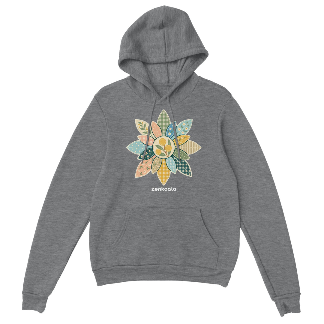 Wattle Mandala feel-good hoodie in sport grey: a gum-leaf faux patchwork mandala, Zen Koala Australia