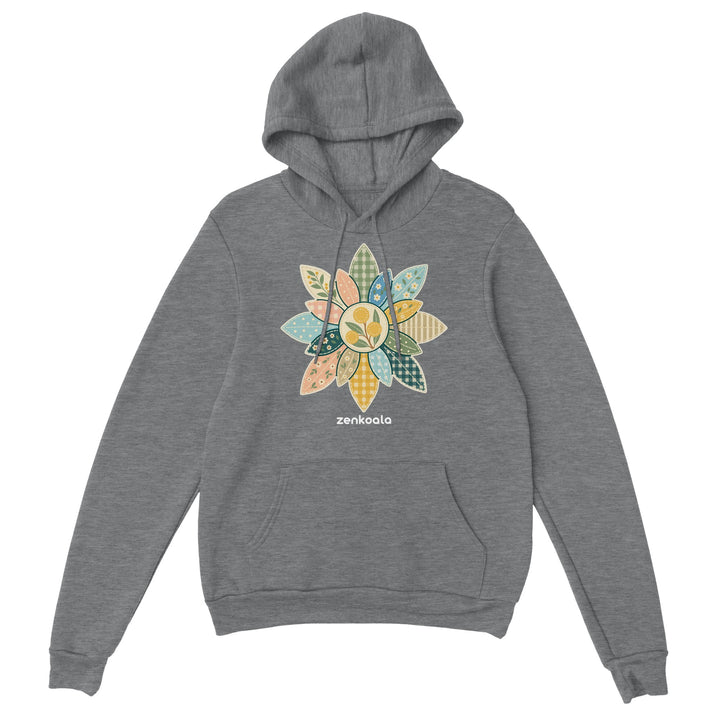 Wattle Mandala feel-good hoodie in sport grey: a gum-leaf faux patchwork mandala, Zen Koala Australia