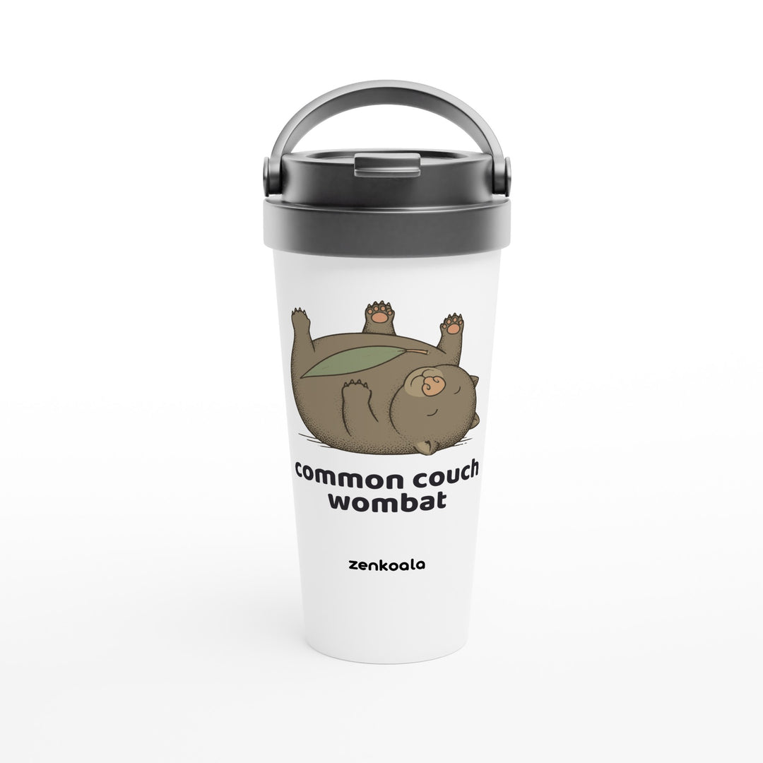 Common Couch Wombat feel-good travel mug: a vintage field-guide wombat flat on its back, Zen Koala Australia