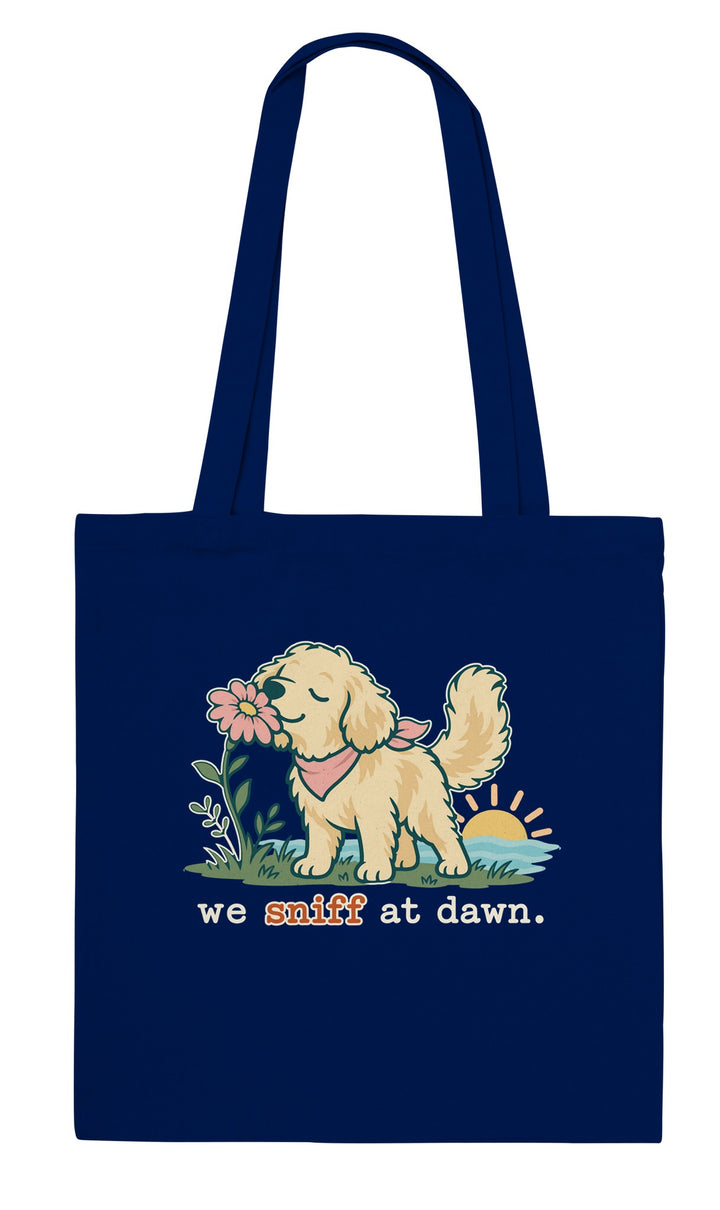 We Sniff at Dawn feel-good tote bag in navy, Zen Koala Australia