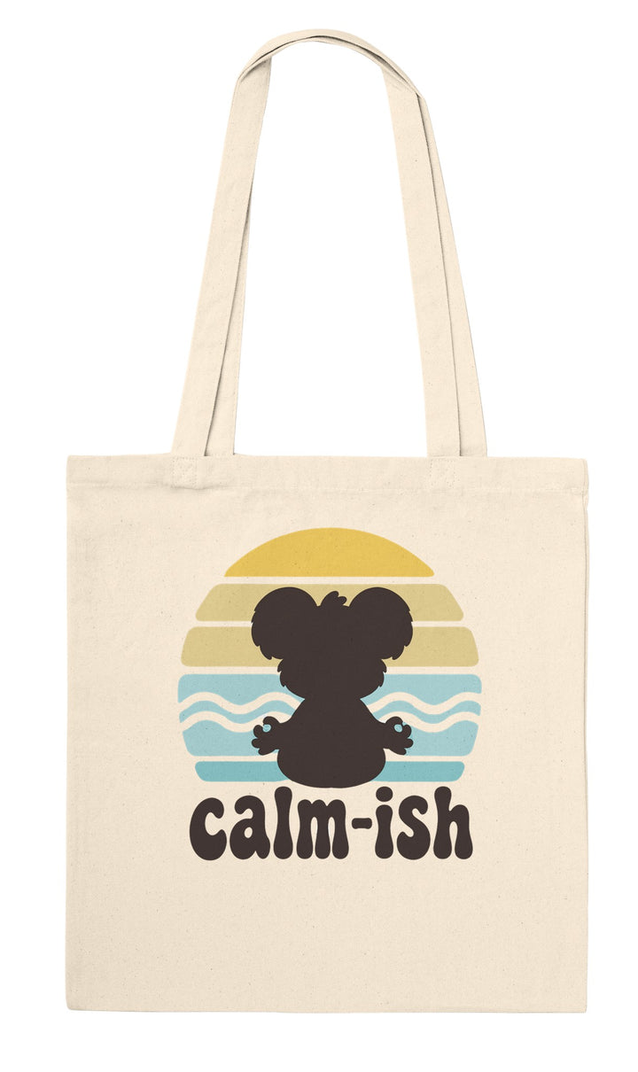 Calm-ish Retro Sunset Koala feel-good tote bag in natural: a meditating koala silhouette and a retro sunset, Zen Koala Australia