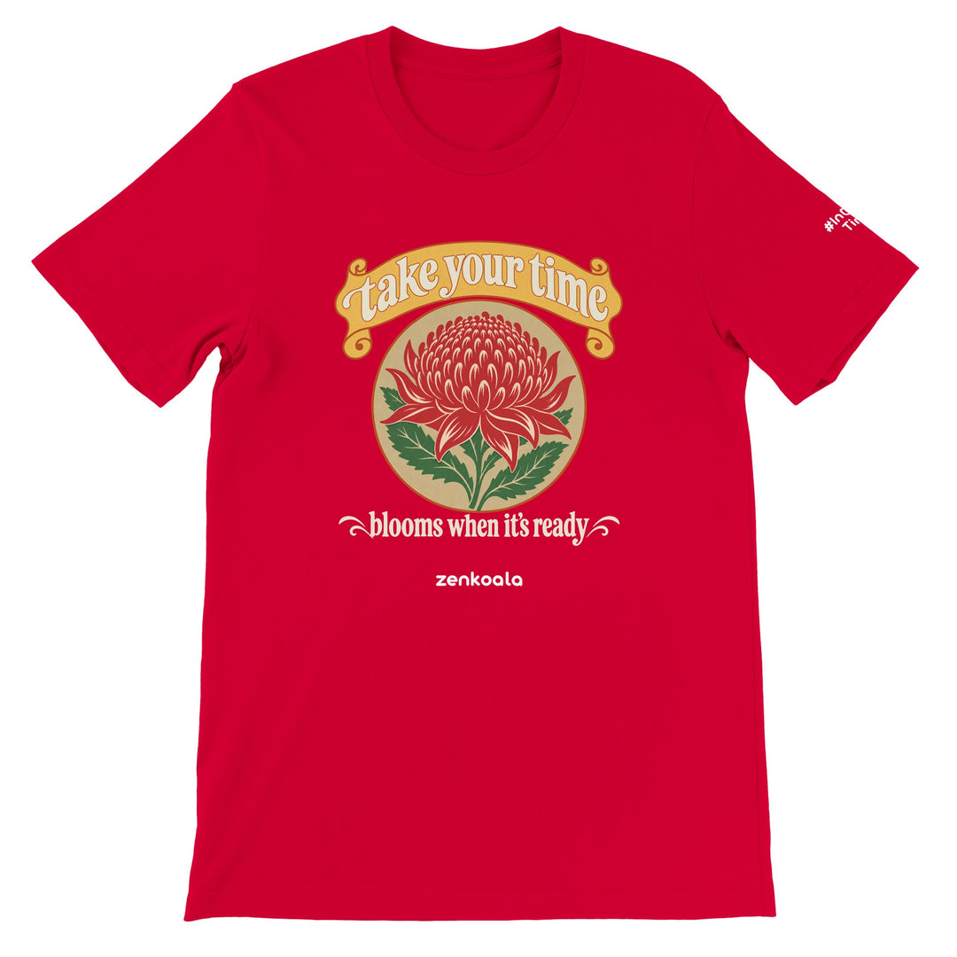 Take Your Time feel-good tee in red, Zen Koala Australia