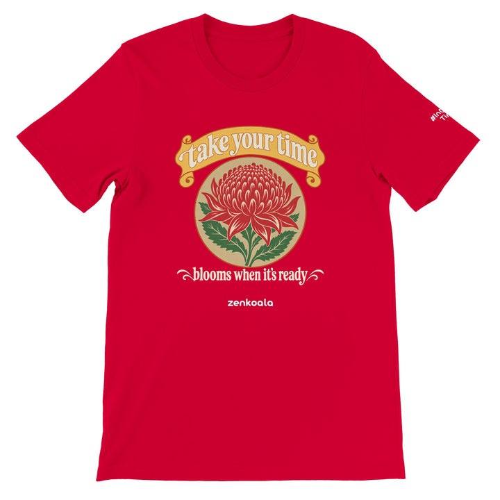 Take Your Time feel-good tee in red, Zen Koala Australia