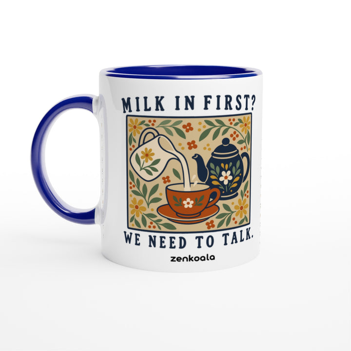 Milk in First mug in blue: white with a blue rim, inside and handle, Zen Koala Australia