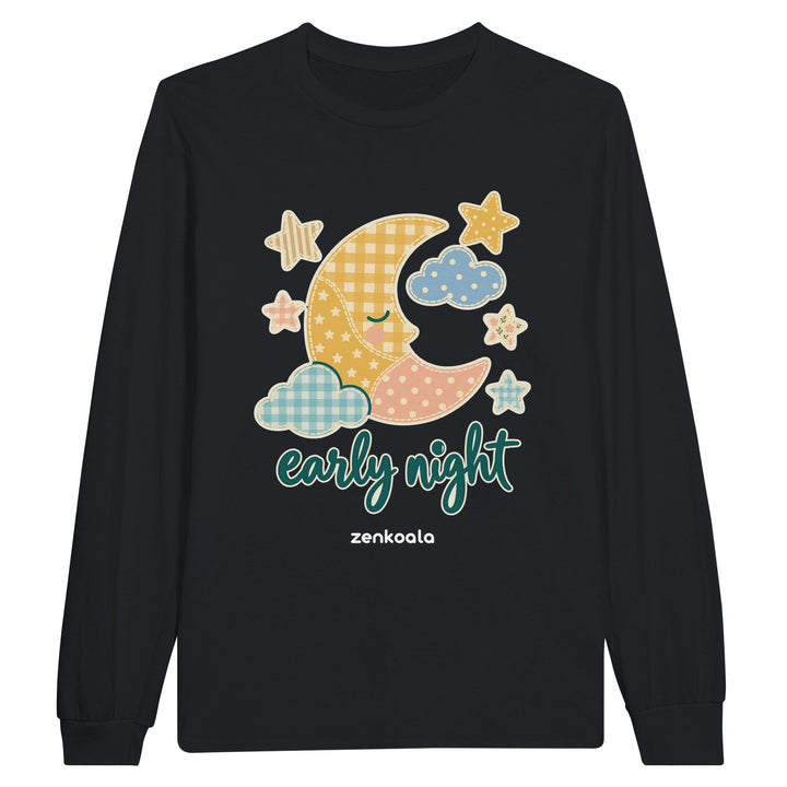 Early Night Moon feel-good long sleeve tee in black, Zen Koala Australia