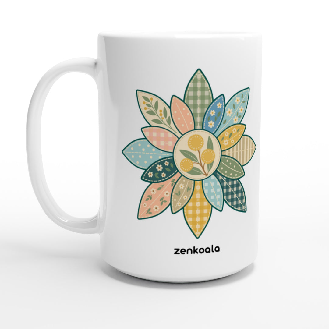 Wattle Mandala feel-good 15oz mug: a gum-leaf faux patchwork mandala, Zen Koala Australia