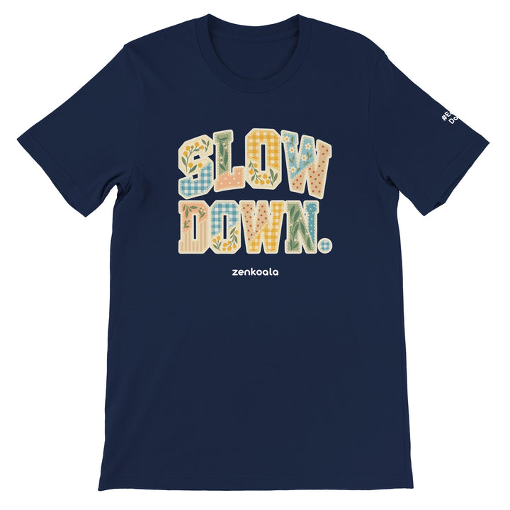 Slow Down Faux Patchwork feel-good tee in navy, Zen Koala Australia