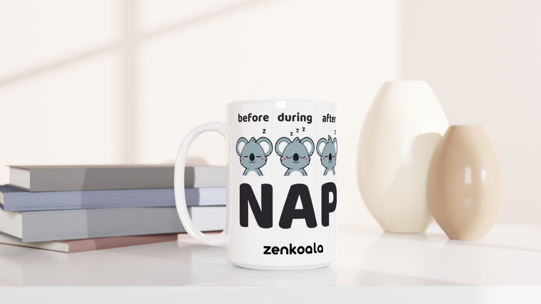 Before Nap Nap After Nap Koala 15oz mug beside books and vases, Zen Koala Australia