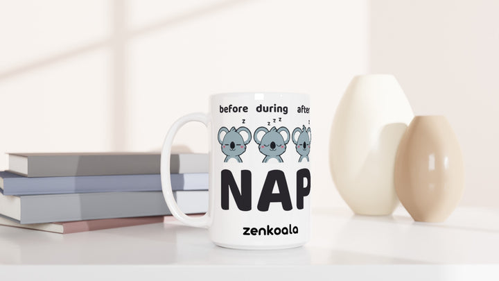 Before Nap Nap After Nap Koala 15oz mug beside books and vases, Zen Koala Australia