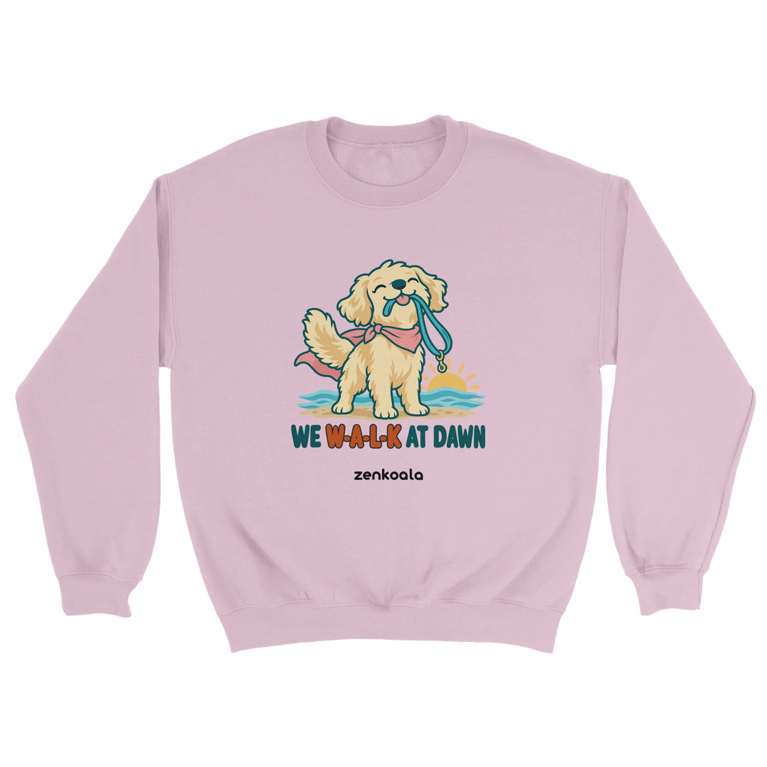 We Walk at Dawn feel-good sweatshirt in light pink: a golden retriever with its lead, Zen Koala Australia