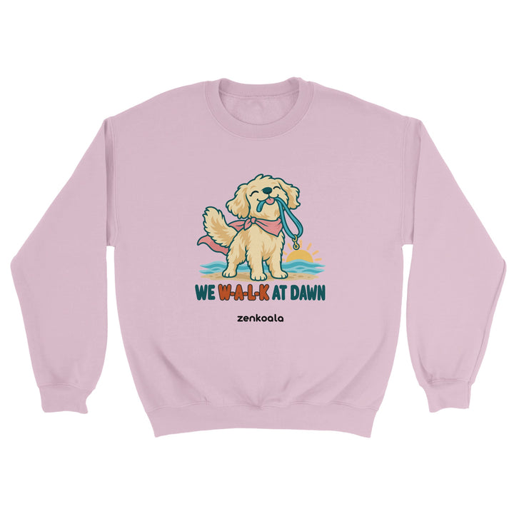 We Walk at Dawn feel-good sweatshirt in light pink: a golden retriever with its lead, Zen Koala Australia