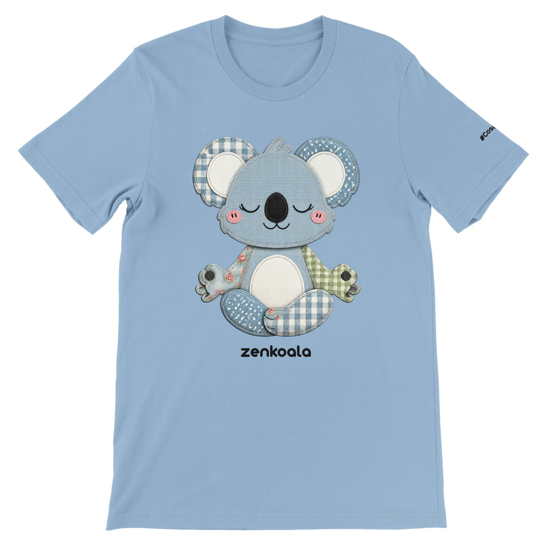 Faux Patchwork Meditating Koala feel-good tee in light blue — Zen Koala Australia