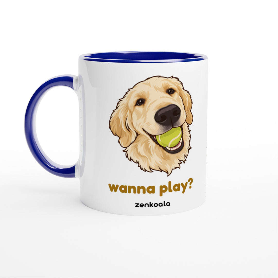 Wanna Play? mug in blue: white with a blue rim, inside and handle, Zen Koala Australia