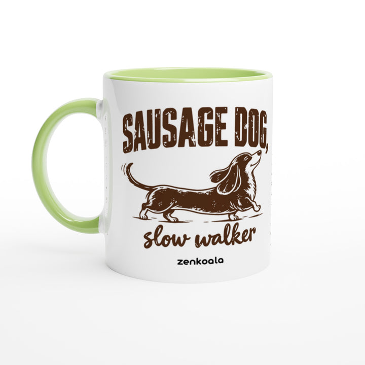 Sausage Dog Slow Walker mug in green: white with a green rim, inside and handle, Zen Koala Australia
