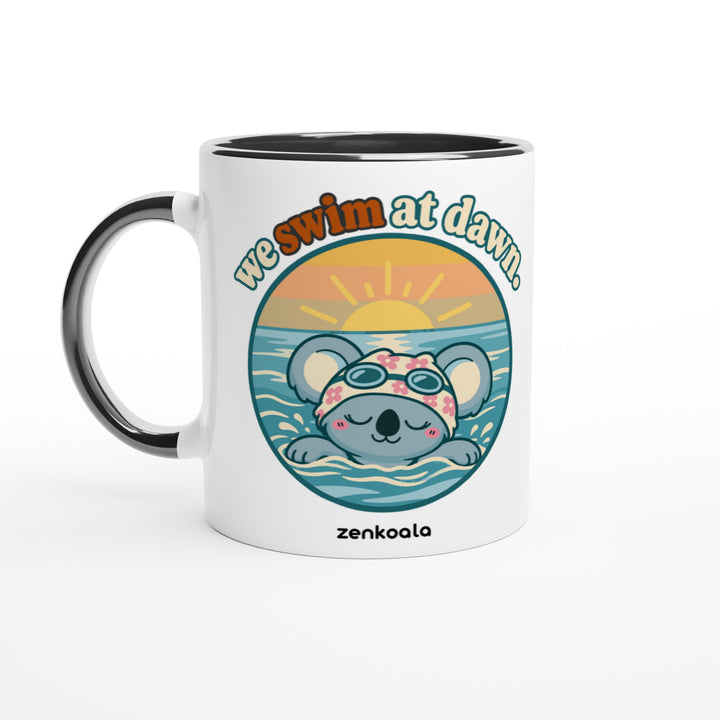 We Swim at Dawn mug in black: white with a black rim, inside and handle, Zen Koala Australia
