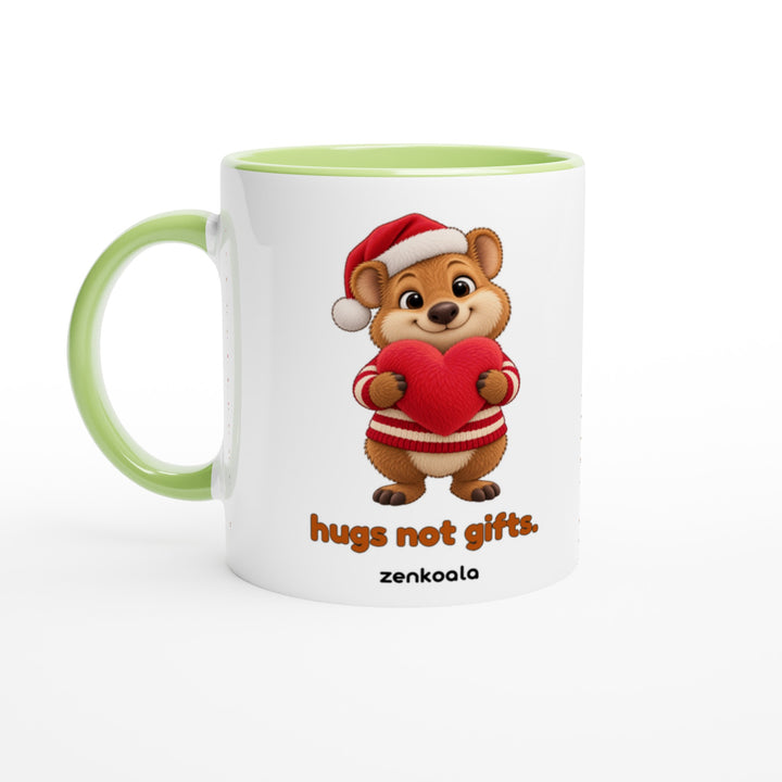 Hugs Not Gifts mug in green: white with a green rim, inside and handle, Zen Koala Australia