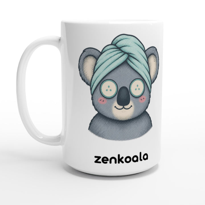 Koala Spa Day feel-good 15oz mug: a koala in a towel turban with cucumber eyes, Zen Koala Australia
