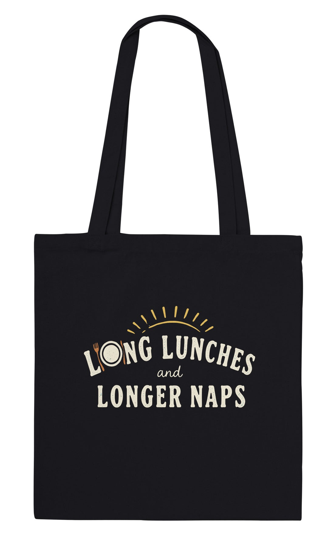 Long Lunches and Longer Naps feel-good tote bag in black, Zen Koala Australia