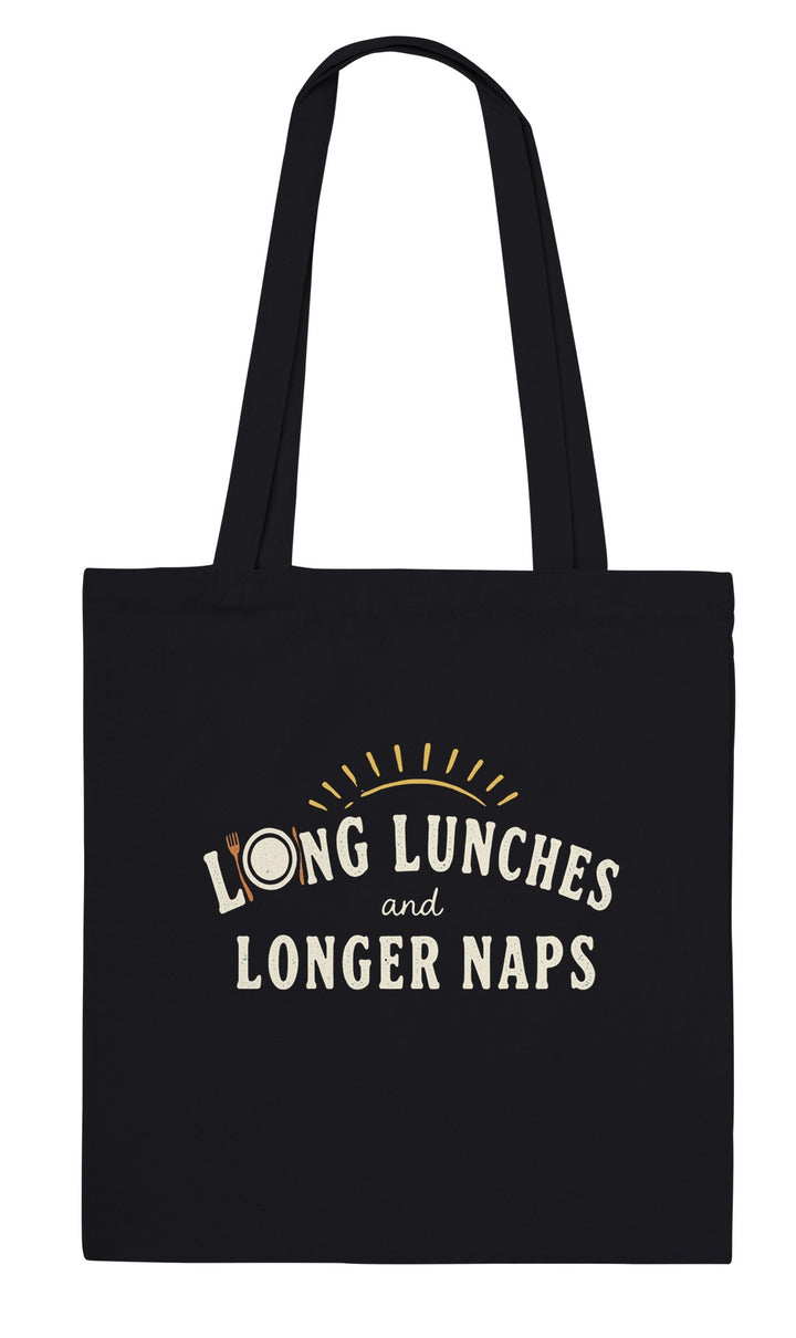 Long Lunches and Longer Naps feel-good tote bag in black, Zen Koala Australia