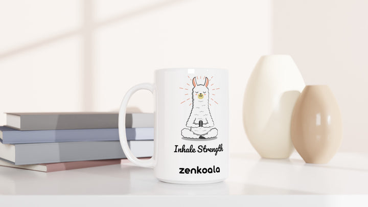 Breathe 15oz mug beside books and vases, Zen Koala Australia