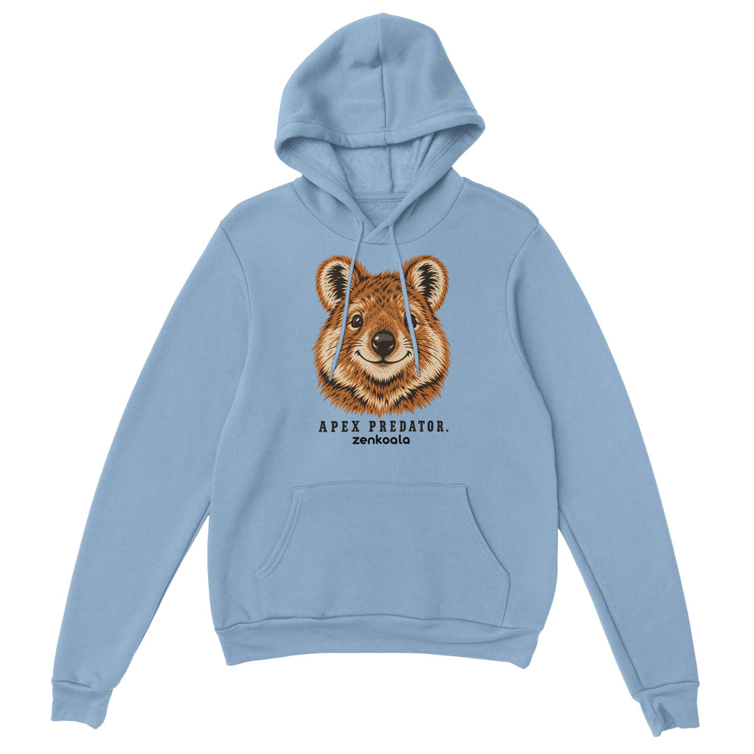 Apex Predator feel-good hoodie in light blue: a smiling quokka, Zen Koala Australia