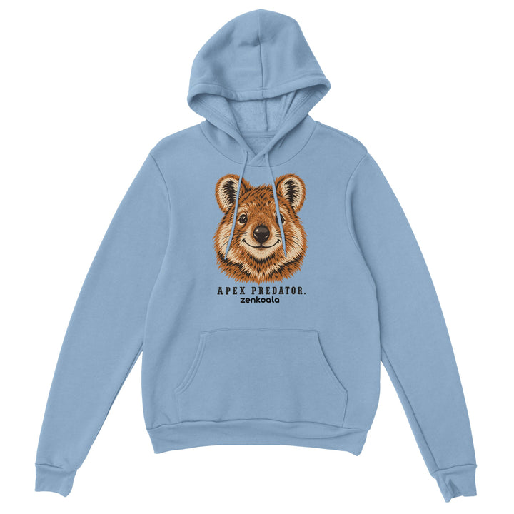 Apex Predator feel-good hoodie in light blue: a smiling quokka, Zen Koala Australia