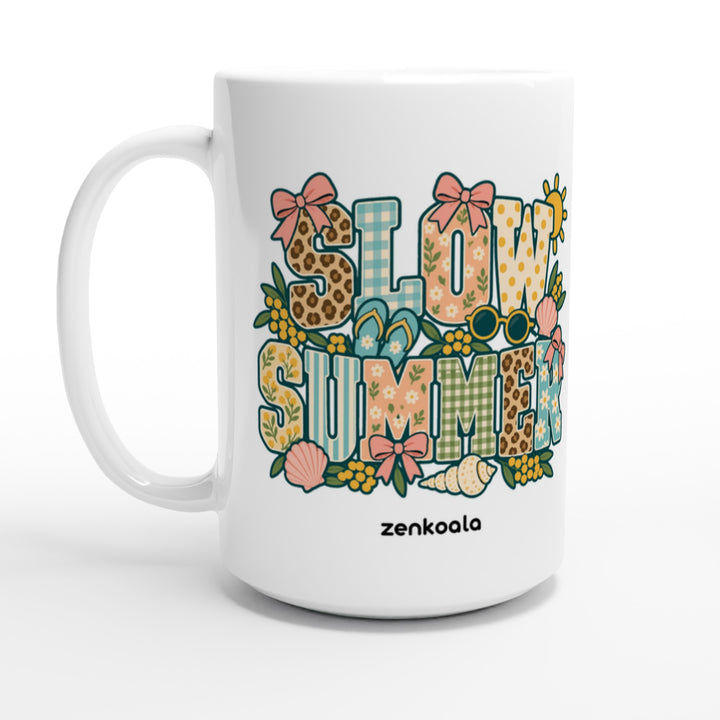 Slow Summer feel-good 15oz mug: faux patchwork summer letters, Zen Koala Australia