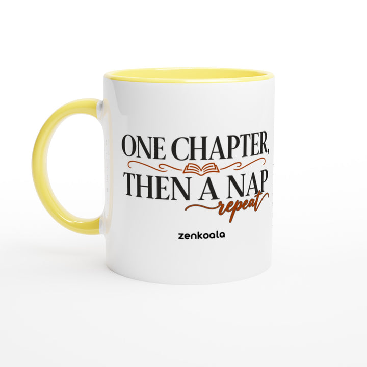 One Chapter Then a Nap mug in yellow: white with a yellow rim, inside and handle, Zen Koala Australia