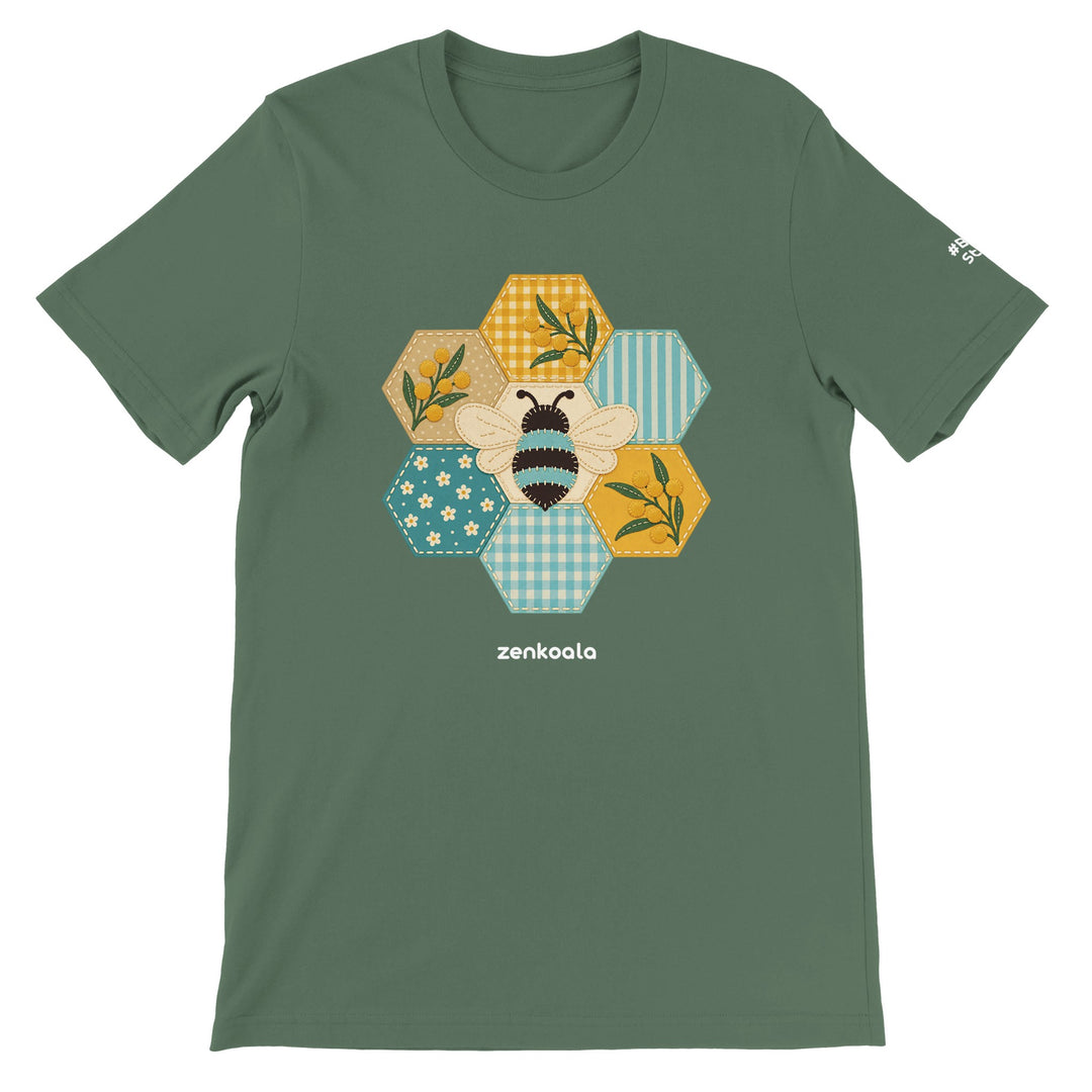Honeycomb Bee feel-good tee in military green, Zen Koala Australia