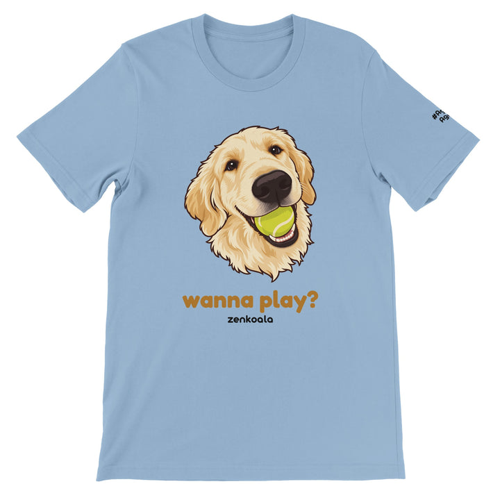 Wanna Play? feel-good tee in light blue, Zen Koala Australia