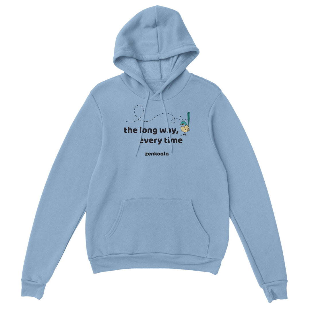 The Long Way Every Time feel-good hoodie in light blue, Zen Koala Australia
