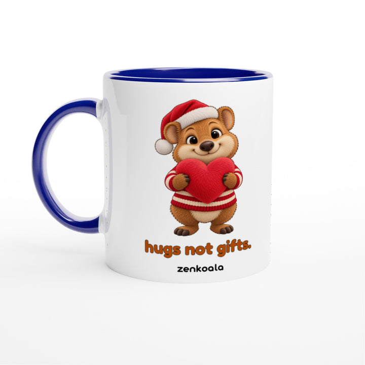 Hugs Not Gifts mug in blue: white with a blue rim, inside and handle, Zen Koala Australia