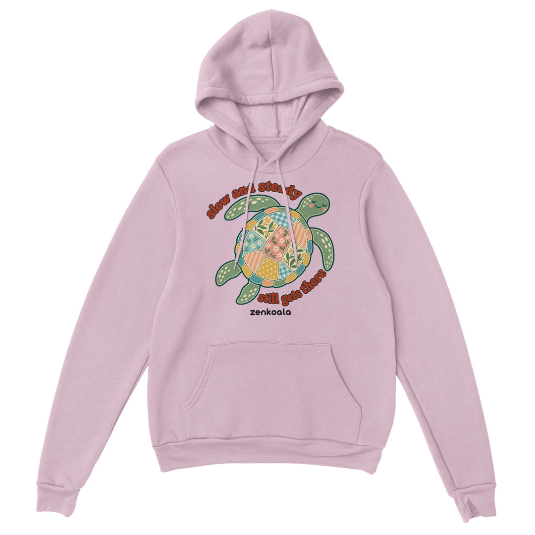 Slow and Steady Turtle feel-good hoodie in light pink, Zen Koala Australia