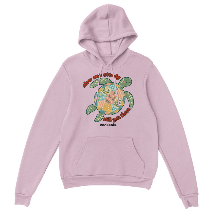 Slow and Steady Turtle feel-good hoodie in light pink, Zen Koala Australia