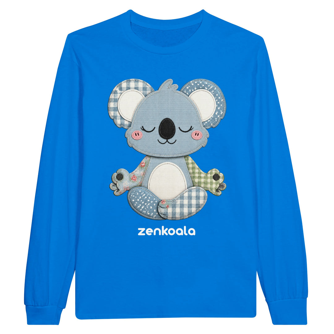 Faux Patchwork Meditating Koala long sleeve tee in royal — Zen Koala Australia