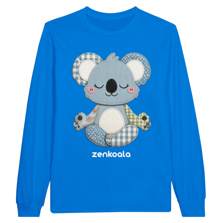 Faux Patchwork Meditating Koala long sleeve tee in royal — Zen Koala Australia