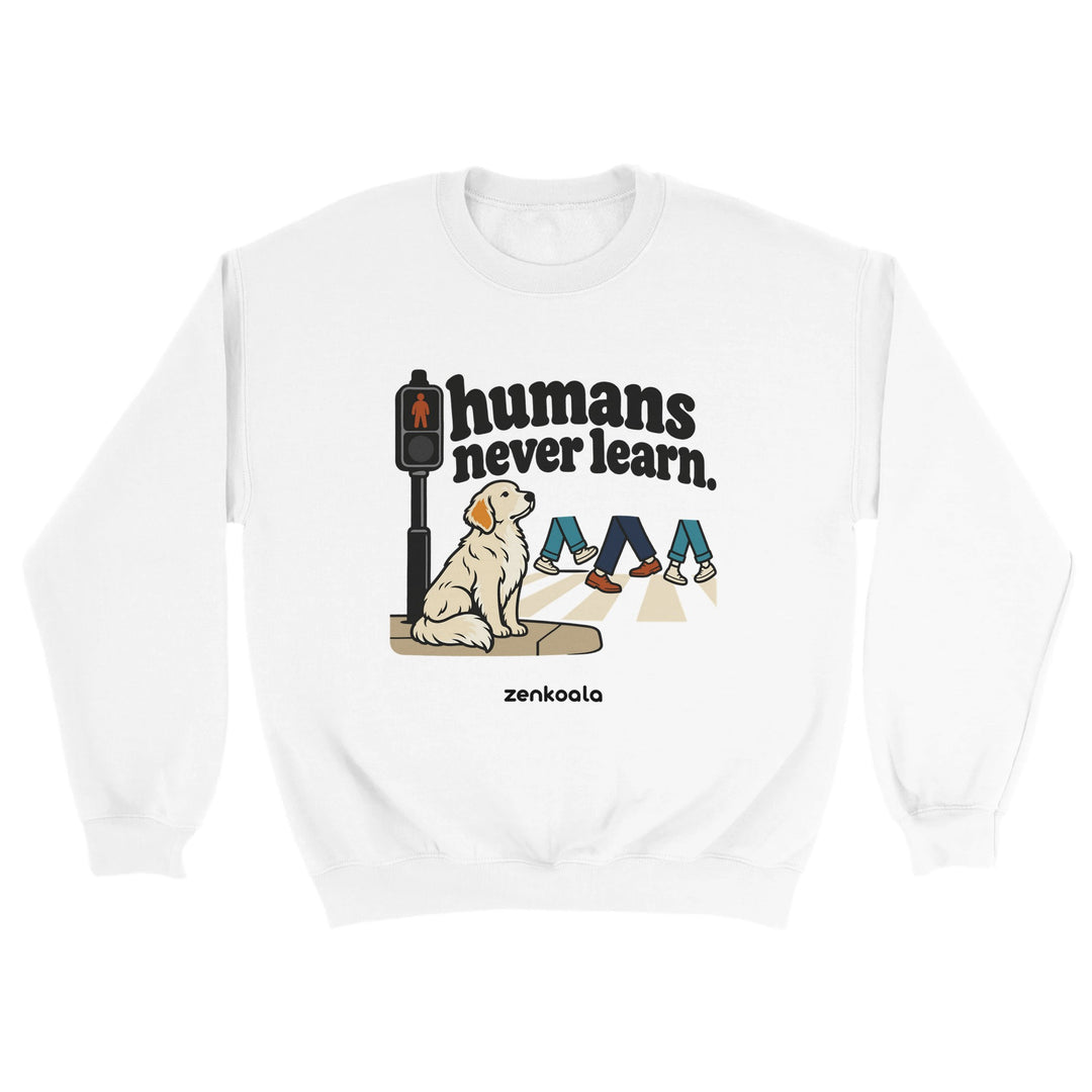 Humans Never Learn feel-good sweatshirt in white, Zen Koala Australia