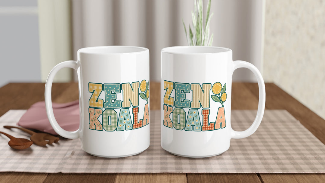 Two Zen Koala Faux Patchwork 15oz mugs on a table, showing both sides of the design, Zen Koala Australia