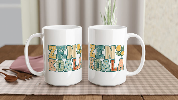 Two Zen Koala Faux Patchwork 15oz mugs on a table, showing both sides of the design, Zen Koala Australia