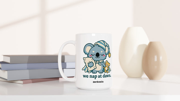 We Nap at Dawn 15oz mug beside books and vases, Zen Koala Australia
