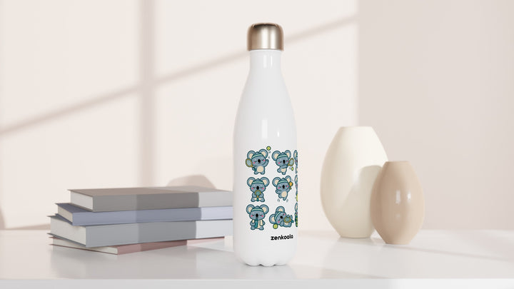 Tennis Koalas water bottle beside books and vases, Zen Koala Australia