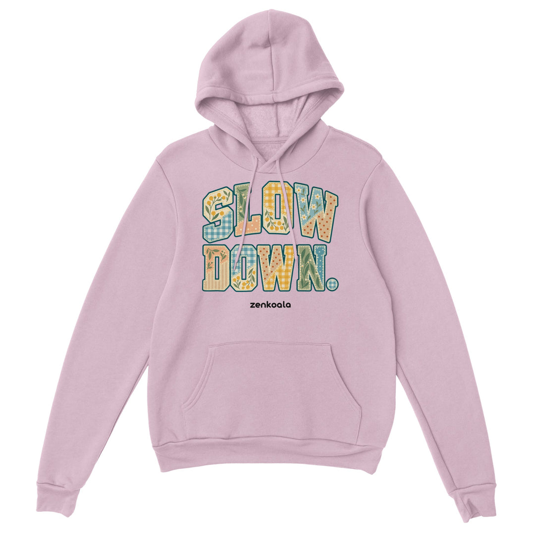 Slow Down Faux Patchwork feel-good hoodie in light pink, Zen Koala Australia