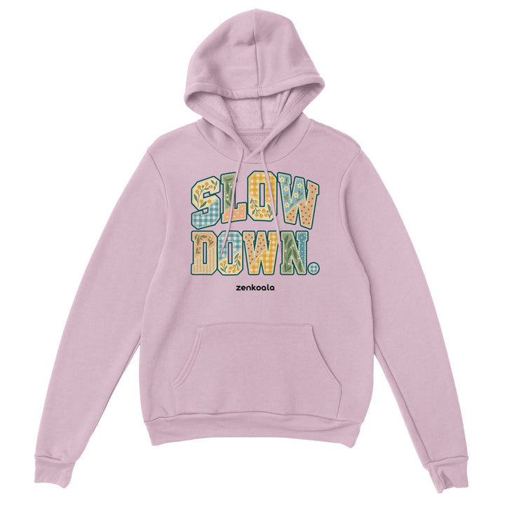 Slow Down Faux Patchwork feel-good hoodie in light pink, Zen Koala Australia