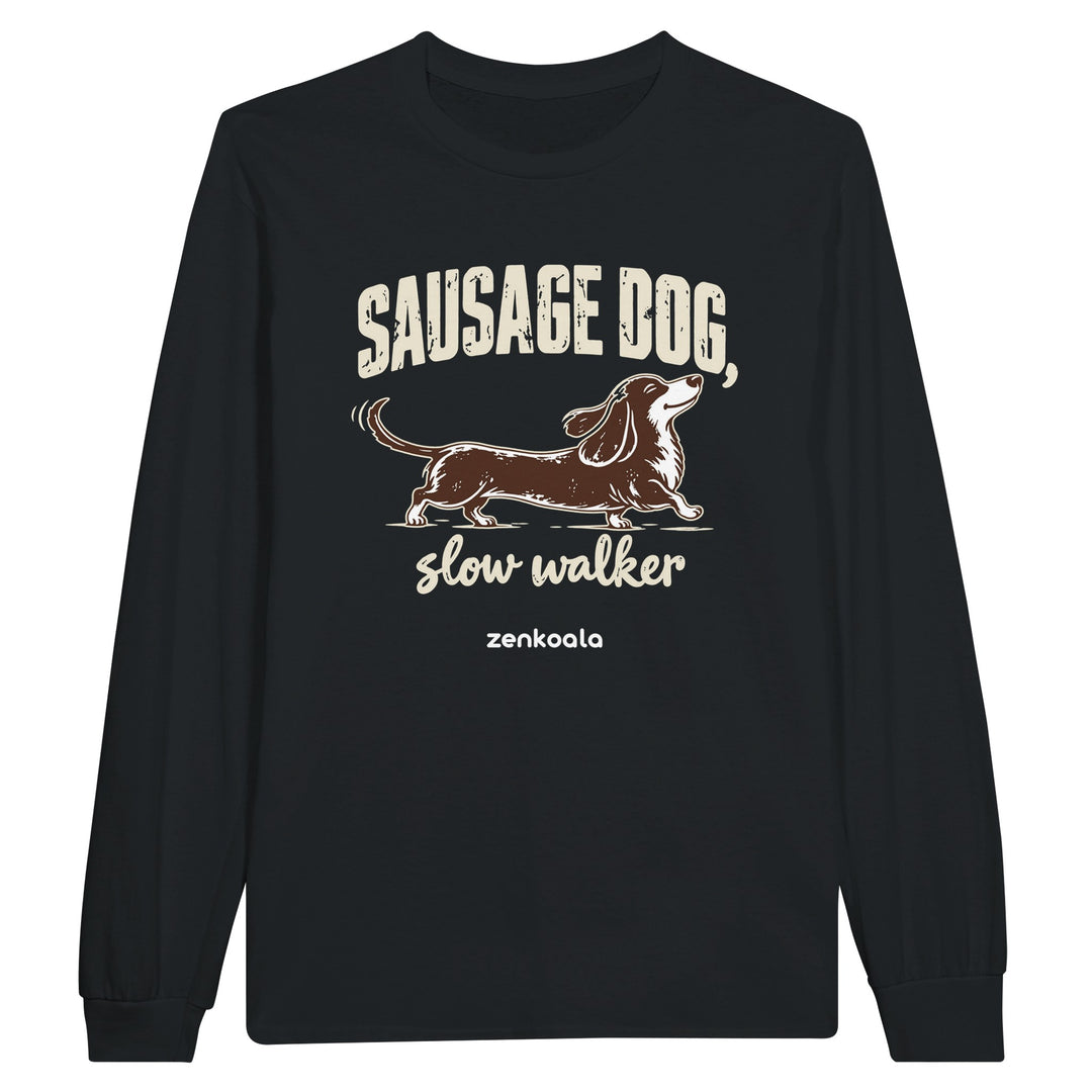 Sausage Dog Slow Walker feel-good long sleeve tee in black, Zen Koala Australia