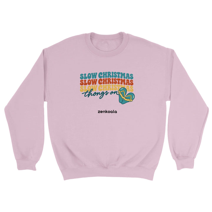 Slow Christmas Thongs On feel-good sweatshirt in light pink, Zen Koala Australia