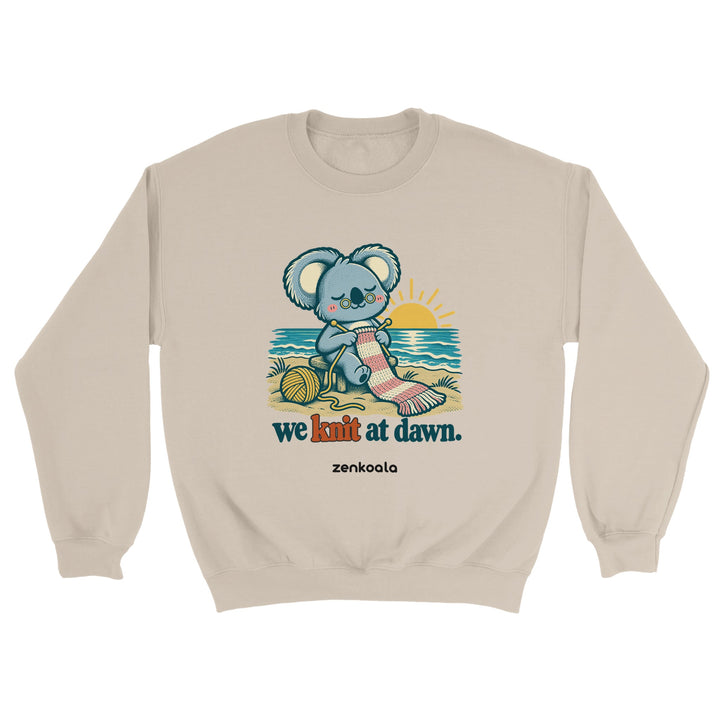 We Knit at Dawn feel-good sweatshirt in sand, Zen Koala Australia