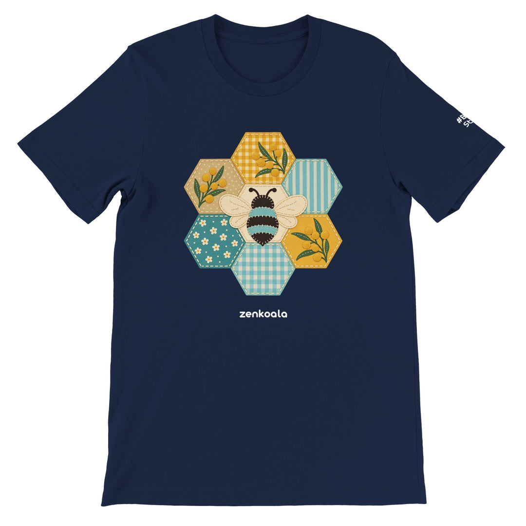 Honeycomb Bee feel-good tee in navy: a faux patchwork honeycomb, Zen Koala Australia
