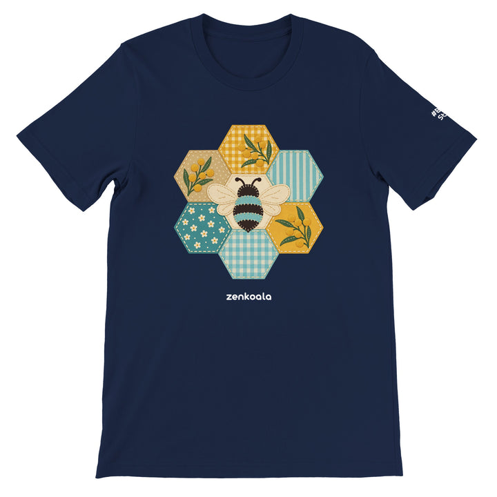 Honeycomb Bee feel-good tee in navy: a faux patchwork honeycomb, Zen Koala Australia